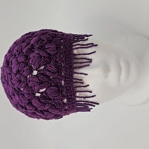 Elegant Fringed Crochet Chunky Knit Beanie Purple Regal‎ Funky Glam